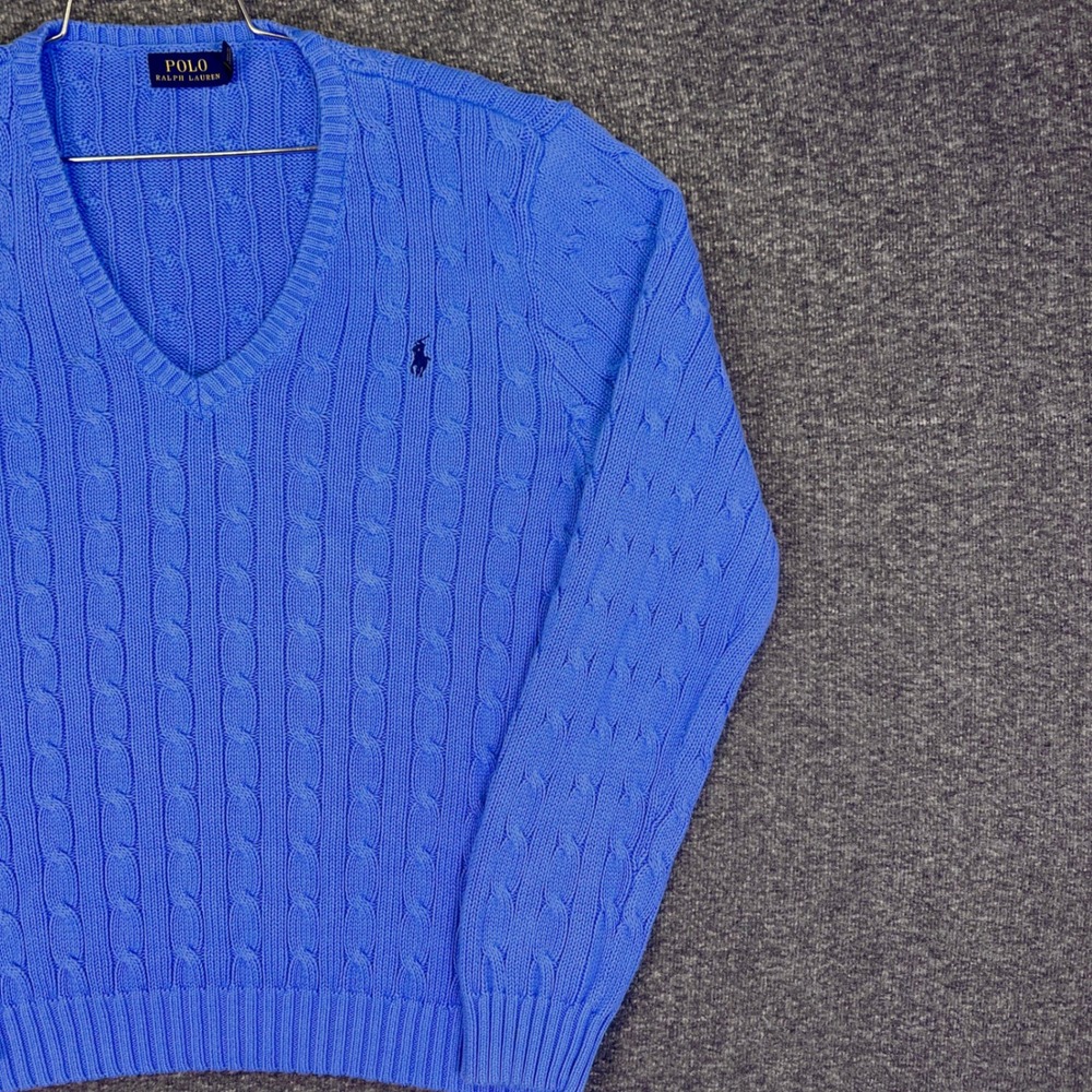 Polo Ralph Lauren V-Neck Sweater Mens XL Blue Cable Knit Casual Cotton Pony Logo - Picture 9 of 15